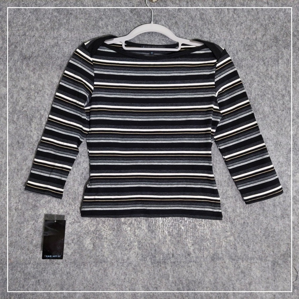 Y2K To The Max Shirt M Black Bella Swan Cropped Striped Boat Neck Retro USA Made